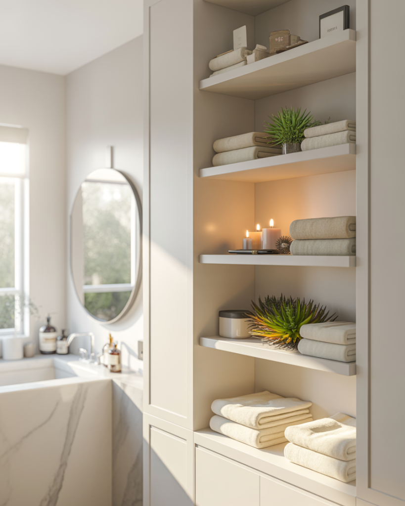 15 White Bathroom Ideas That Will Make Your Space Feel Like a Luxe Spa (Without Trying Too Hard) 14 White Open Shelving
